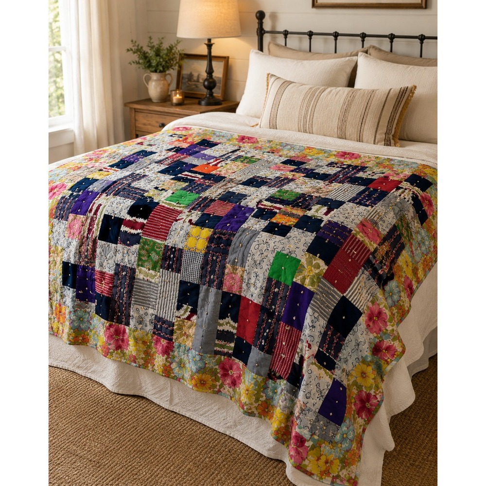 Handmade Reversible Patchwork Quilt Floral Cottagecore Full Queen Topper 80x84